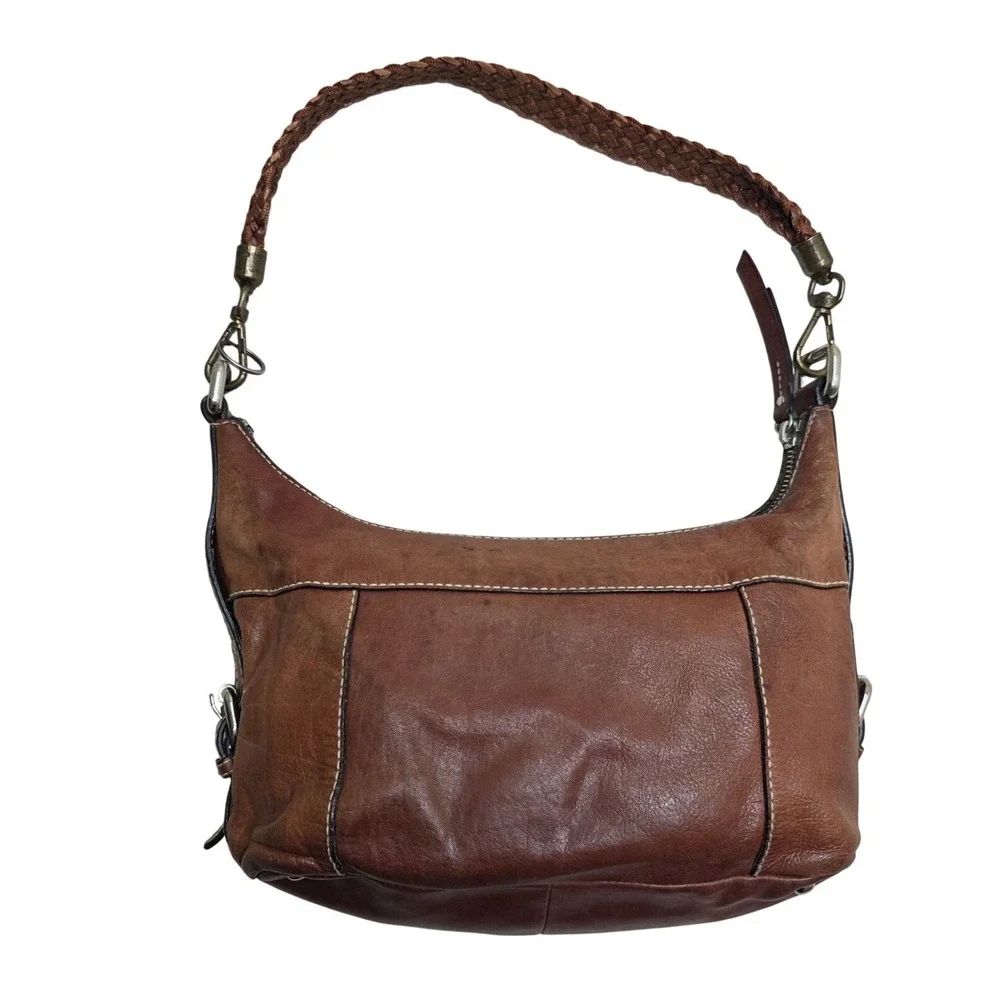 Cognac Brown Leather Hobo Fossil Satchel Braided Strap Contrast Stitching Purse - Picture 2 of 10